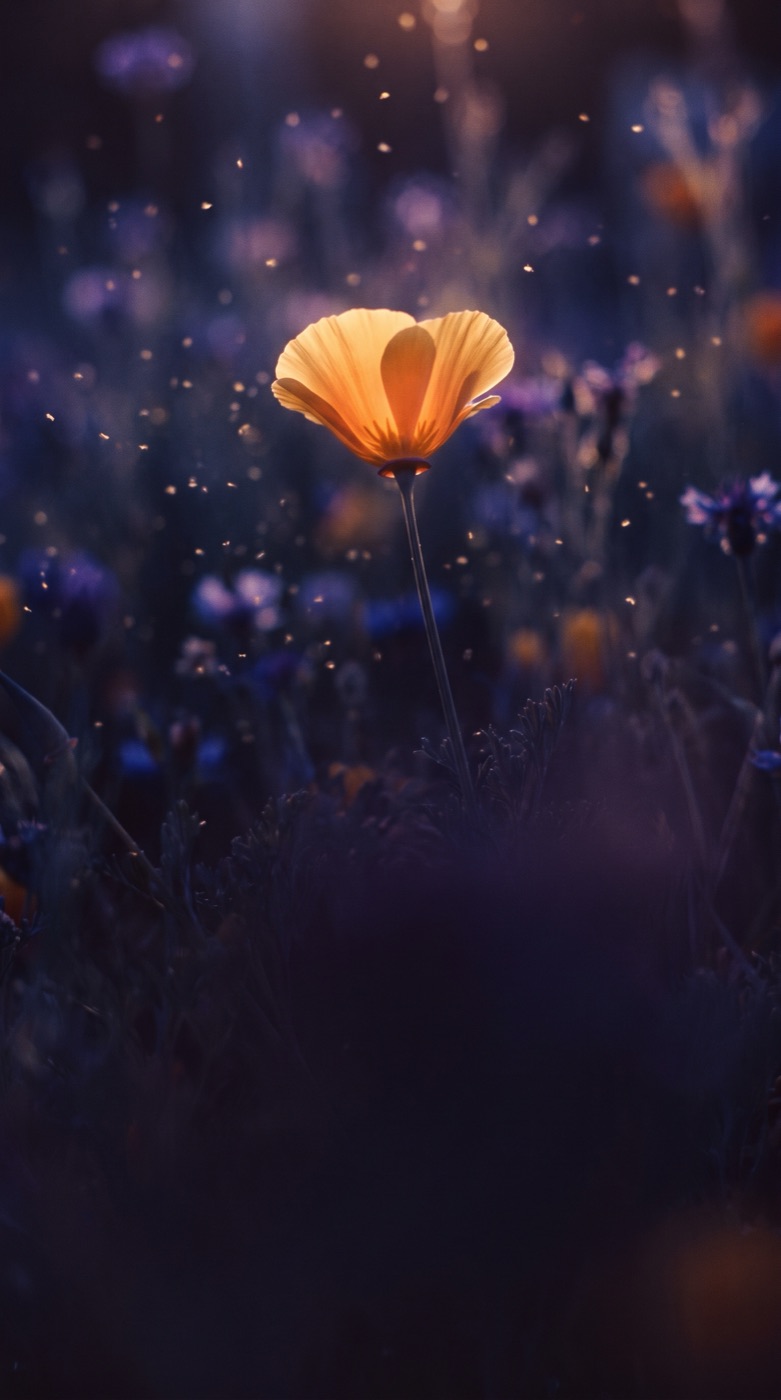 A luminous California poppy glowing at dusk, framed by drifting fireflies